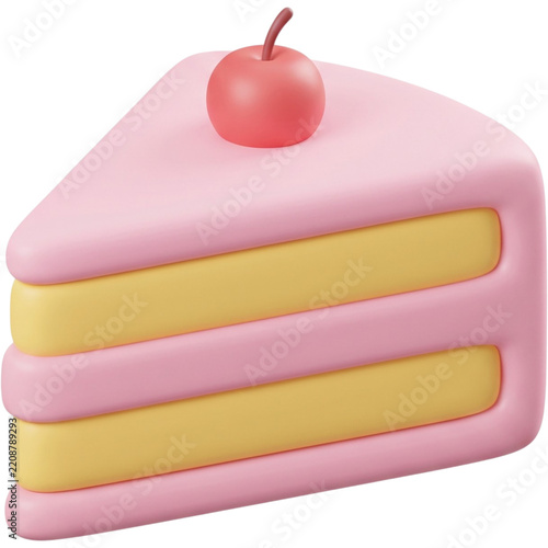 Pink and yellow cake slice with cherry. Layered cake slice with a cherry on top for digital icons