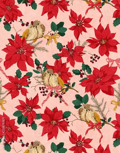 Fotografie Festive pattern with red poinsettia flowers and cute lovebirds on pastel pink te
