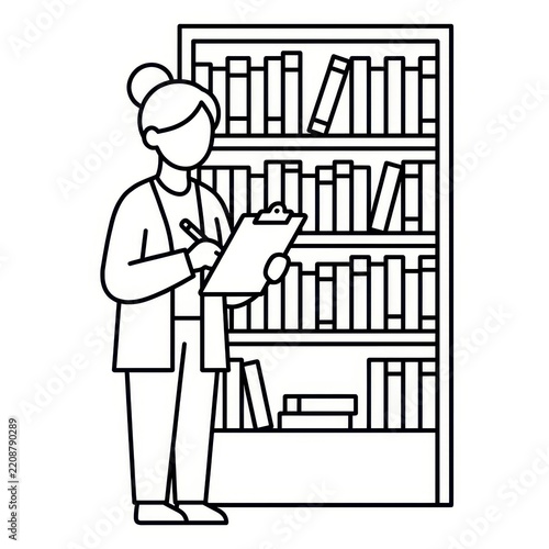 Librarian writing on clipboard in front of bookshelf