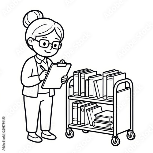 Librarian holding clipboard next to book cart line art