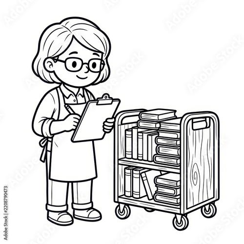 Librarian holding clipboard with book cart coloring page