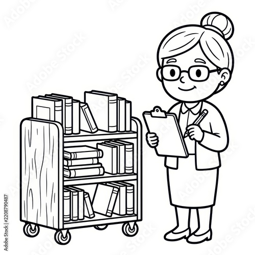 Librarian holding clipboard next to book cart coloring page