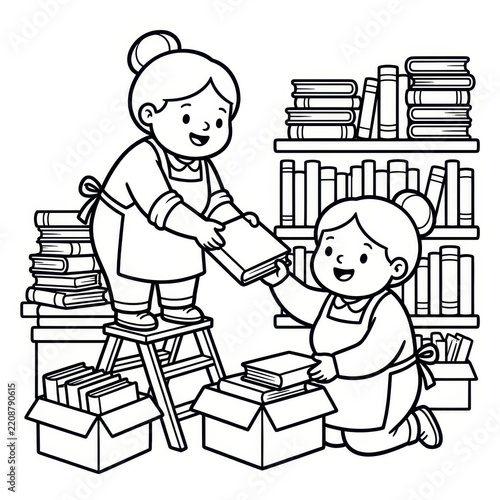 Librarian women organizing books in library coloring page