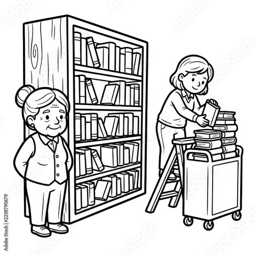 Librarian and elderly woman in library coloring page