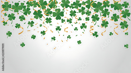 Festive st patricks day background featuring cascading green shamrock leaves and golden confetti st patricks shamrock st-patricks celebration confetti streamers background decoration seasonal