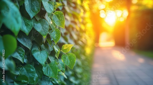 Close view of lush green leaves covering a living wall beside a walkway with warm sunlight, representing urban greening, sustainability, nature, and eco-friendly design.
