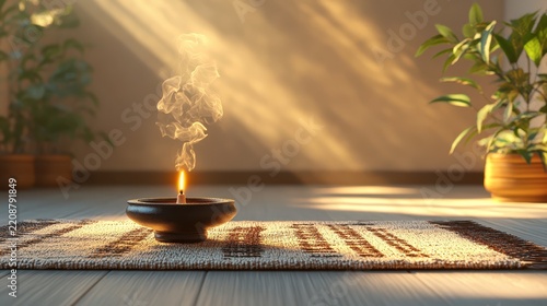 Burning incense in a small bowl on a woven mat with drifting smoke, warm sunlight, and green plants in a calm minimalist interior.