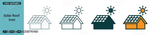 Solar roof icons, house with solar panels and sun symbol, vector illustration of renewable energy concept for sustainable home design
