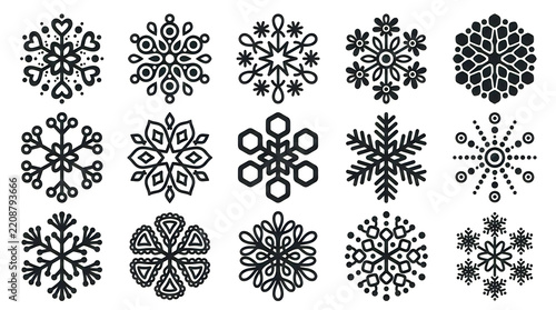 Collection of intricate black and white snowflake illustrations on white background