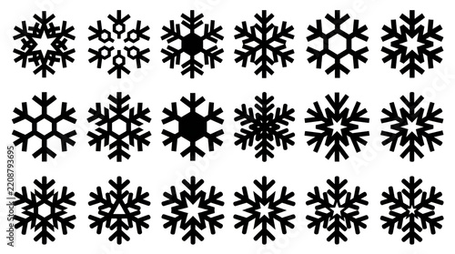 Collection of intricate black and white snowflake illustrations on white background