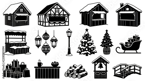 Vintage winter holiday icons including buildings trees and streetlights