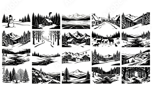 Collection of vintage woodcut style winter landscape illustrations
