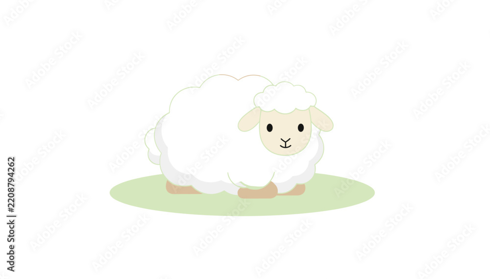 Obraz premium Gentle fluffy white sheep rests calmly on a green grassy patch against a clean white background, looking peaceful.