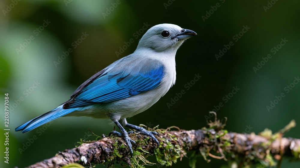 Obraz premium A small blue and grey bird perched on a mossy tree branch in a lush forest, capturing wildlife in its natural habitat with soft bokeh