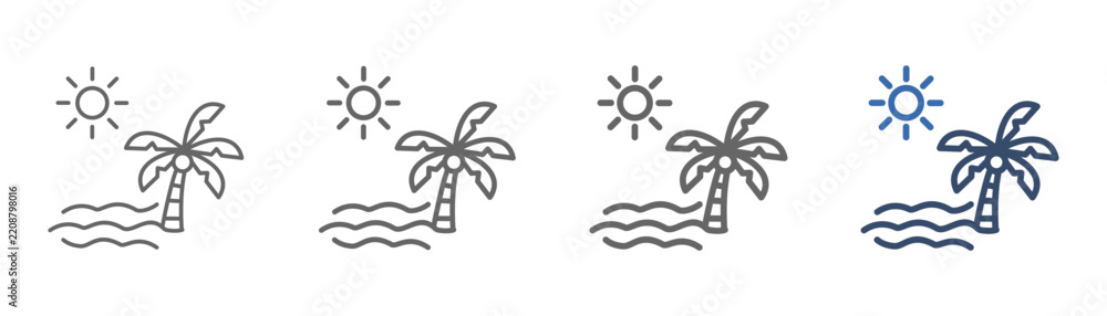 Fototapeta premium Beach outline icon set featuring coconut and beach designs.