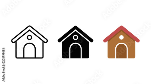Three variations of dog house icons in outline solid and colored vector styles