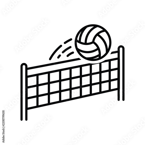 A volleyball passing over a net line art vector illustration