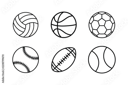 Set of different sports balls black and white line art vector illustration
