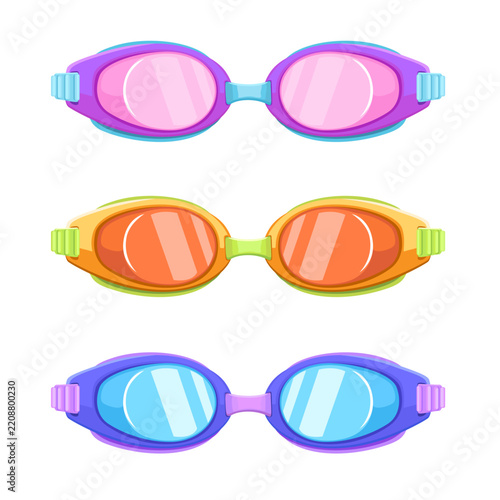 Swimming Goggles Set in Three Different Colors Cartoon Vector