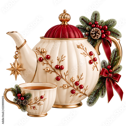 Elegant vintage teapot and teacup decorated with christmas greenery and red berries