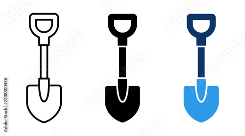 Set of three shovel icons in outline, solid, and blue colored vector styles