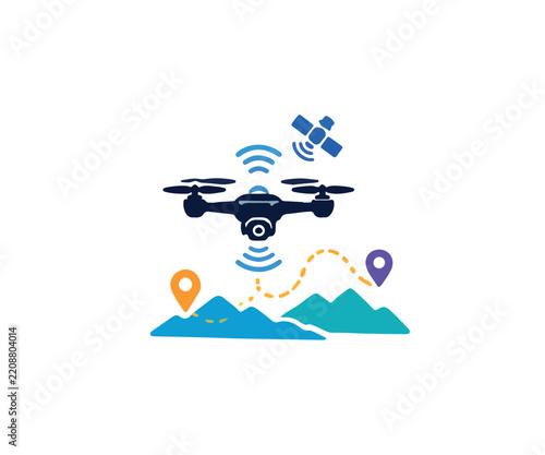Drone Mapping and Surveying Vector Icon with Satellite Navigation and Mountain Landscape Route Path Illustration
