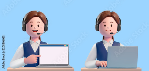 3d female call center agent wearing a headset and using a laptop