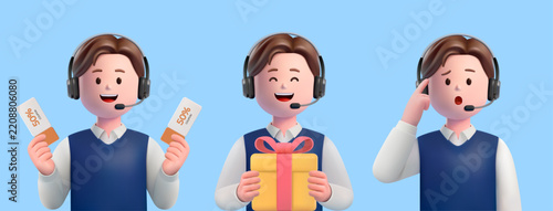 3D male Call Center Agent Wearing a Headset