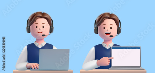 3d male call center agent wearing a headset and using a laptop