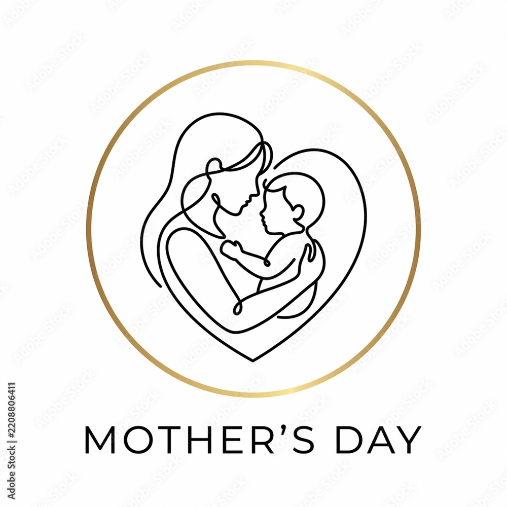Fototapeta premium Minimalist Mother and Child Single Line Art Logo with Gold Frame