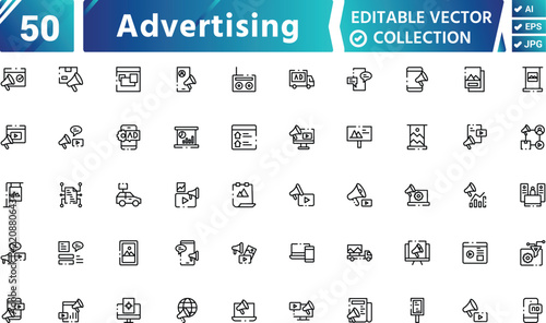 Advertising Line Art Icons Set – Marketing, Promotion, Branding and Digital Advertising