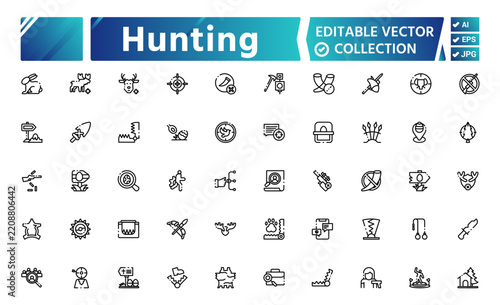 Hunting Line Icons Set – Hunting Equipment, Wildlife, Outdoor Activities and Hunting Gear