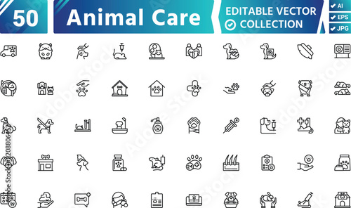 Animal Care Line Art Icon Set – Pet Care, Veterinary, Animal Health and Pet Services