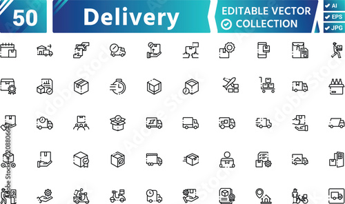 Delivery Line Art Icons Set – Courier, Package Shipping, Express Logistics and Home Delivery Service