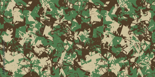 Grunge camouflage background, modern fashion design. Dirty brush stroke camo military pattern. Army uniform. Fashionable fabric print. Vector seamless texture