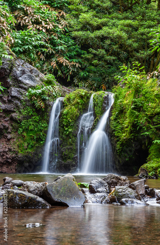 Small waterfall flows over mossy rocks in Ribeira dos Caldeiroes. Lush green forest surrounds the clear stream. Scene from Sao Miguel Island, Azores, Portugal.