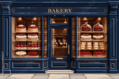 Charming vintage bakery storefront with delicious cakes and pastries