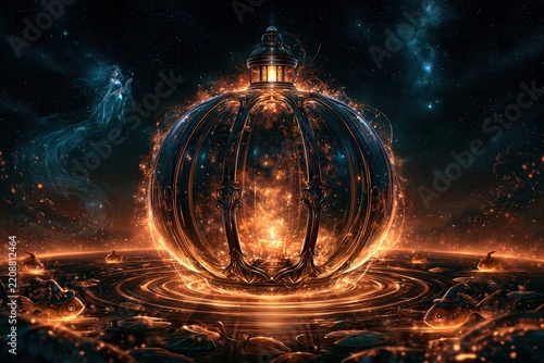 Magical pumpkin carriage glowing in fantasy cosmic world fantasy art