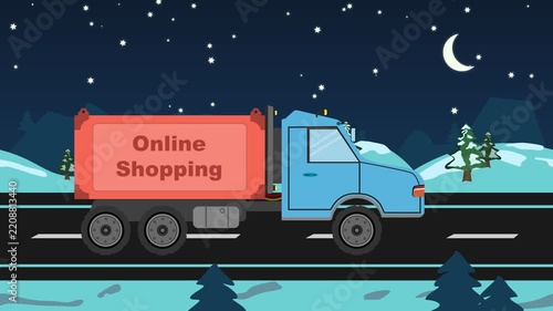 Online Shopping Delivery Truck Animation, E-commerce Logistics and Shipping, Nighttime Express Delivery Service, Digital Retail and Consumer Goods Transport