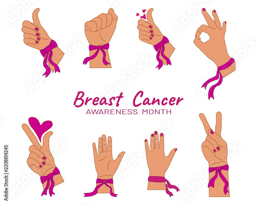 Diverse hands showing support for breast cancer awareness. Hand drawn. Vector illustration. Set, collection, isolated on white.