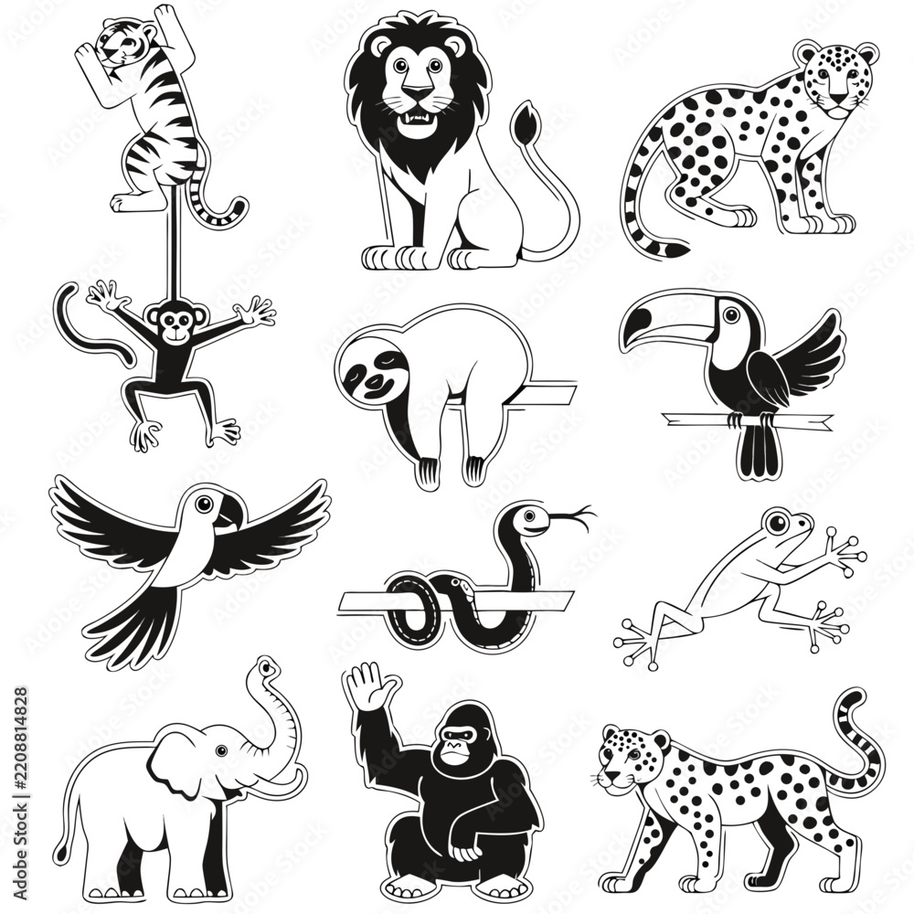 Obraz premium Cute Jungle Animals Black and White Sticker Collection