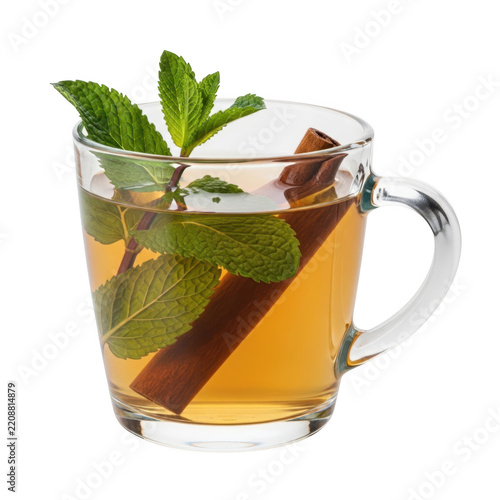 Fresh mint and cinnamon herbal tea in glass mug