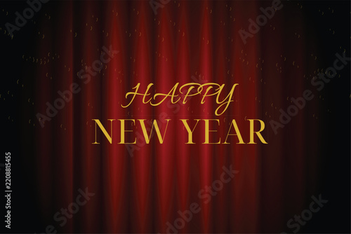 Title OptionsHappy New Year Golden Text on Elegant Red Stage Curtain Background   Luxury Happy New Year Greeting Banner with Red Velvet Backdrop and Gold Dust   Elegant New Year Celebration Card Desig