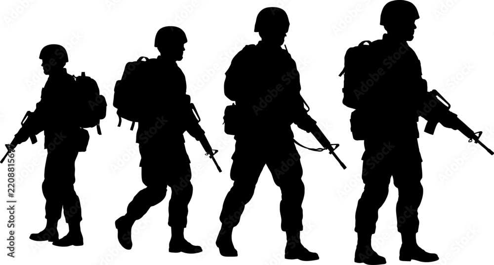 Fototapeta premium Silhouette of four soldiers walking in formation against a white background