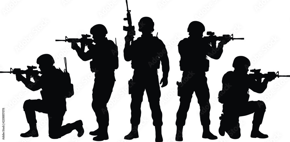 Obraz premium Silhouette of armed soldiers in combat formation against a white background