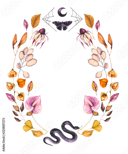 Autumn Halloween wreath of dried leaves and flowers with pumpkins. Autumn watercolor decor for seasonal design, tableware, textiles, clothing, and printing.