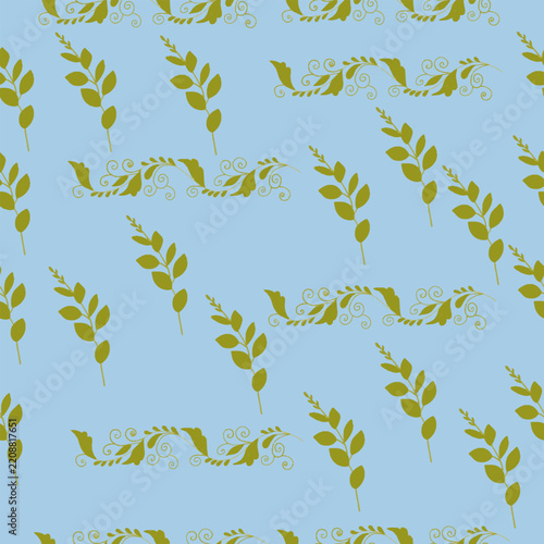 Seamless Pattern with Green Leaf Branches and Leaf Swirl Borders on Light Blue Background