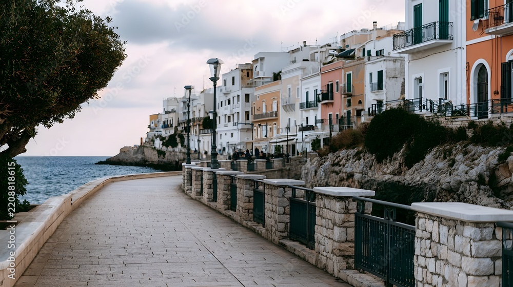 Obraz premium A coastal walkway lined with colorful buildings overlooking the sea under a cloudy sky with stone railings and olive trees