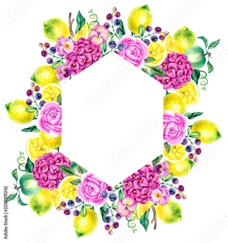 Watercolor floral wreath with pink roses, lemons, blueberries and fresh greenery, perfect for wedding stationery, invitations, greeting cards, packaging, branding and elegant decor.