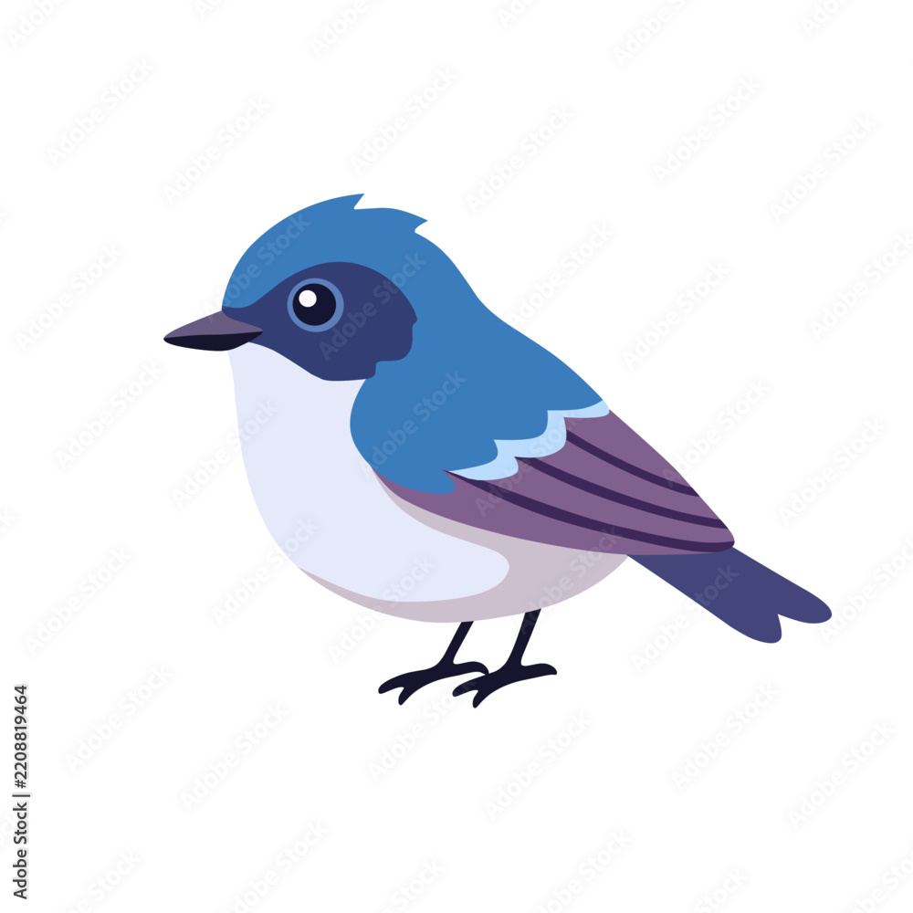 Fototapeta premium Blue bird illustration with soft blue, white, and purple feathers perched on a branch, isolated on white background, ideal for wildlife, nature, education, and design graphic